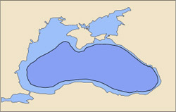 Чорне море сьогодні (блакитним) й в 5600 до н.е. (синім) згідно гіпотезі Райана і Пітмана