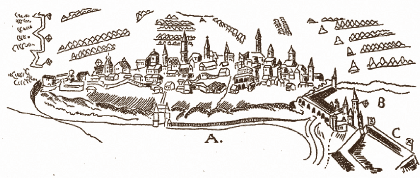 Найбільш давнім відомим графічним зображенням Кам’янця в хронологічному відношенні виступає малюнок 1633 р. А – Старе місто; В – Старий замок; С – Новий замок