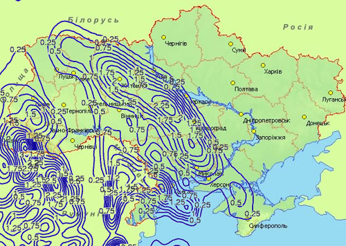Зона опадів станом на 15:00 неділю, 8 лютого.