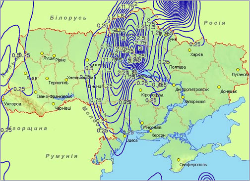 Зона опадів станом на 15:00 неділю, 15 лютого.