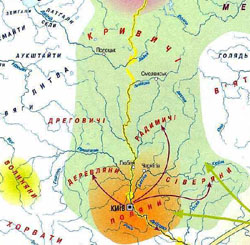 Територія проживання кривичів, радимичів, дреговичів, сіверян, деревлян, полян в 9 ст.